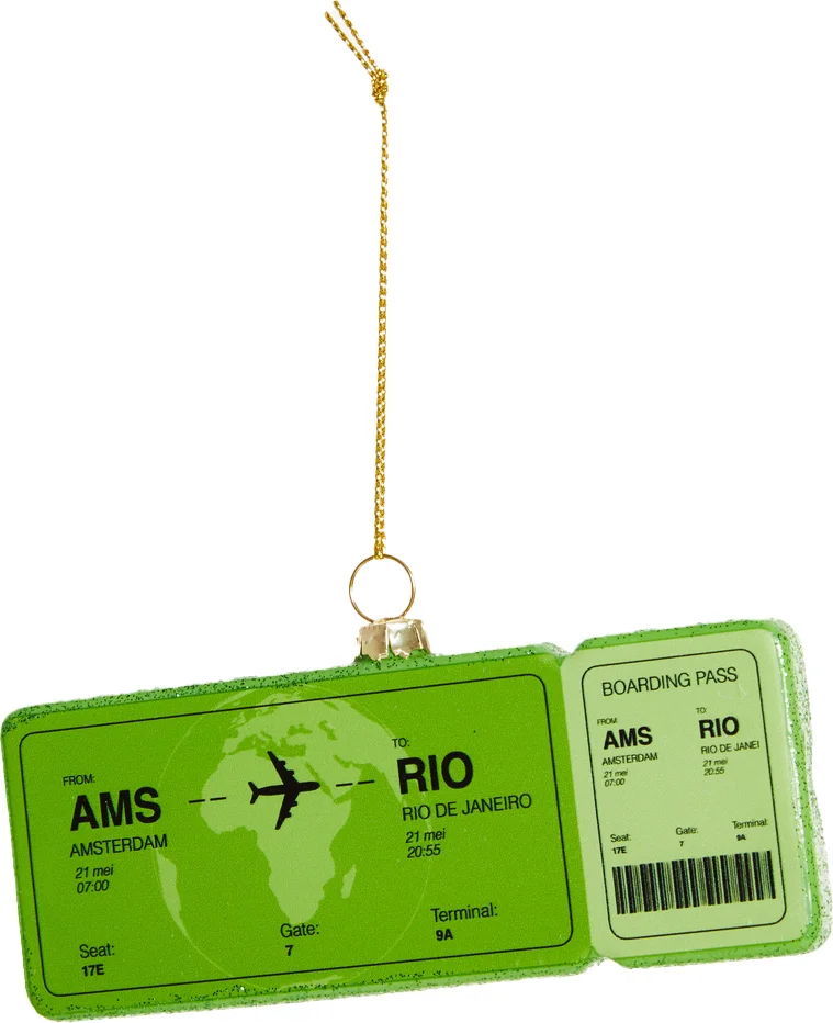 Yup in de Boom kerst ornament vliegticket rio groen 12 x 6,5 x 1,5 cm