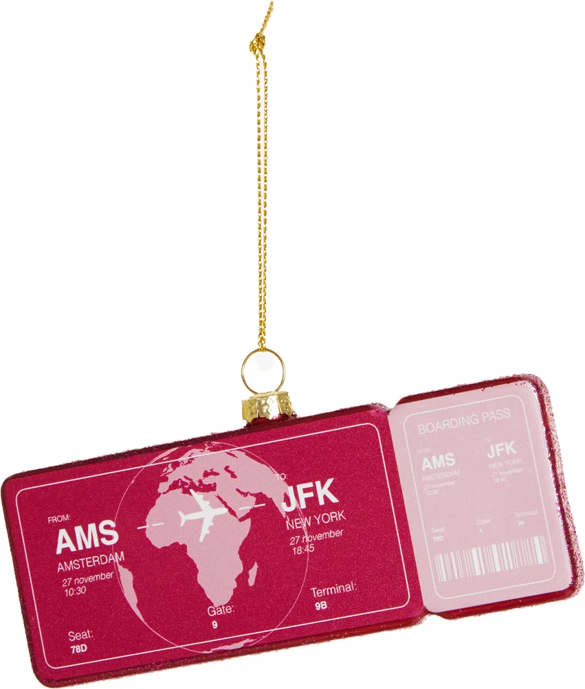 Yup in de Boom kerst ornament vliegticket new york bordeaux 12 x 6,5 x 1,5 cm