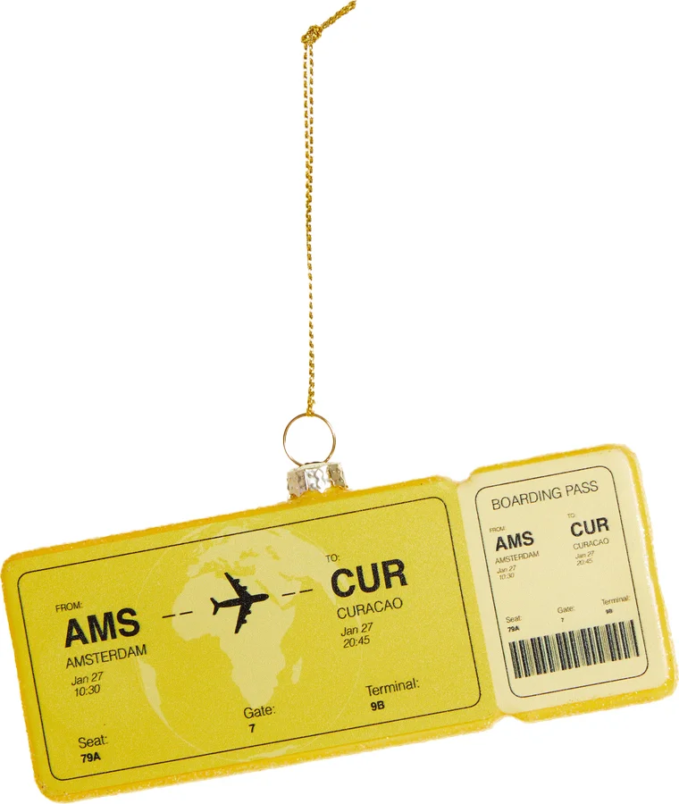 Yup in de Boom kerst ornament vliegticket curacao geel 12 x 6,5 x 1,5 cm